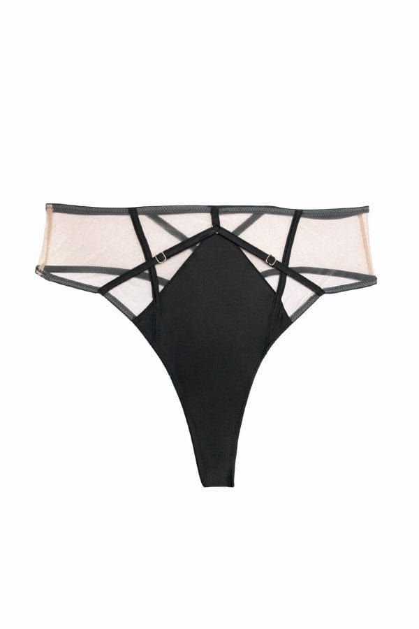 Lace and Mesh High Waist Thong Panty - Black