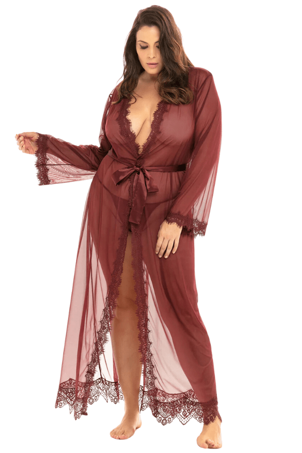 Oh La La Cheri Robe Zinfandel / 1X/2X Provence Sheer Long Robe Set - Burgundy