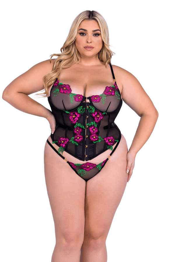 Roma Lingerie Set 1XL / Black/Multi Peony Paradise Corset 2-Piece Set - Black/Multi