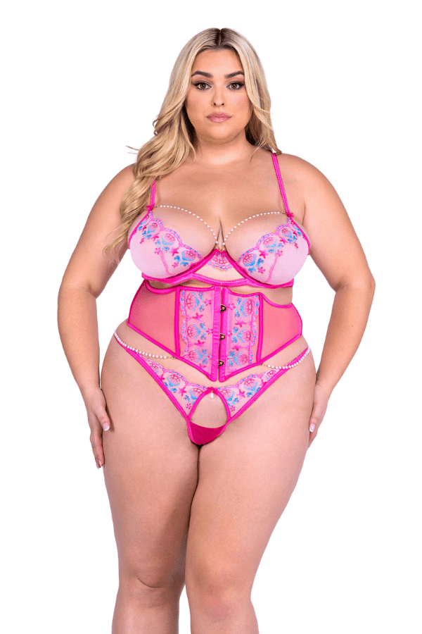 Roma Lingerie Set 1XL / Pink/Multi Sultry Siren 3-Piece Waspie Bra Set - Pink/Multi